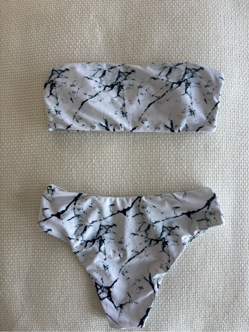 White Marble Print Bandeau Bikini Set